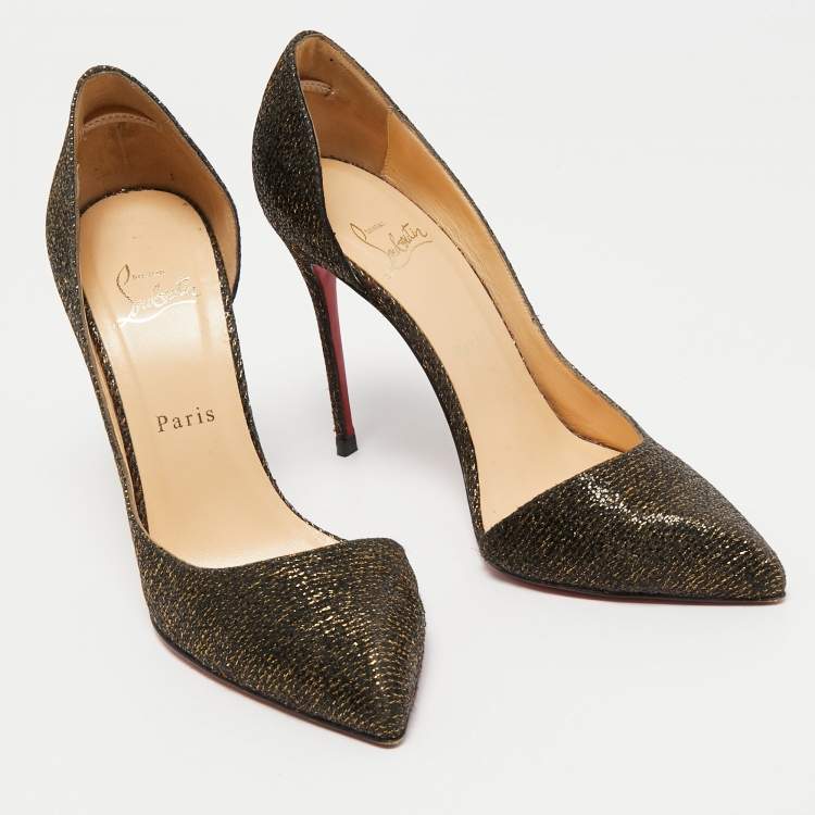 Pre Owned Christian Louboutin Black/Gold Glitter Fabric D'orsay Pumps Size 39