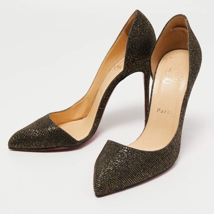 Pre Owned Christian Louboutin Black/Gold Glitter Fabric D'orsay Pumps Size 39
