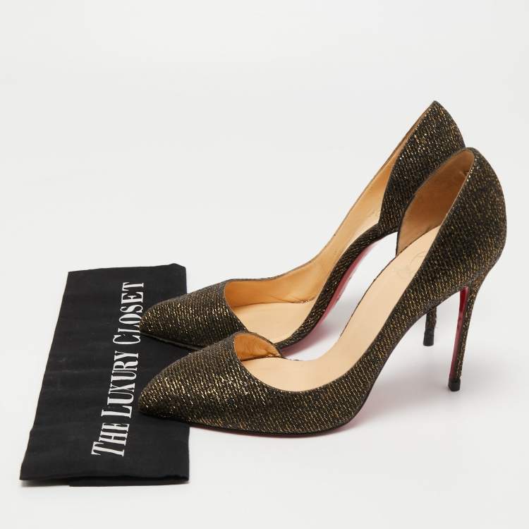 Pre Owned Christian Louboutin Black/Gold Glitter Fabric D'orsay Pumps Size 39
