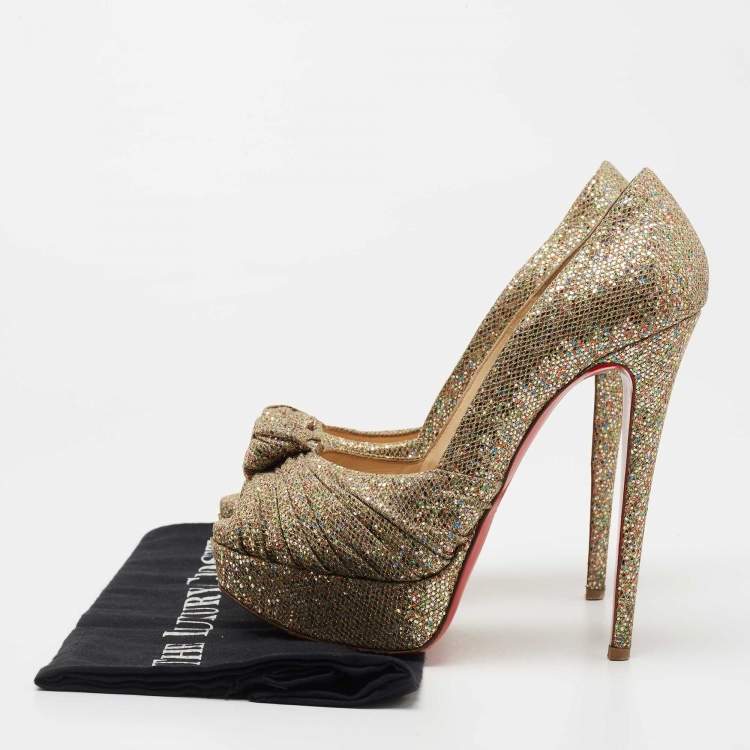 Pre Owned Christian Louboutin Gold Knotted Glitter Fabric  Jenny Platform Pumps Size 36.5