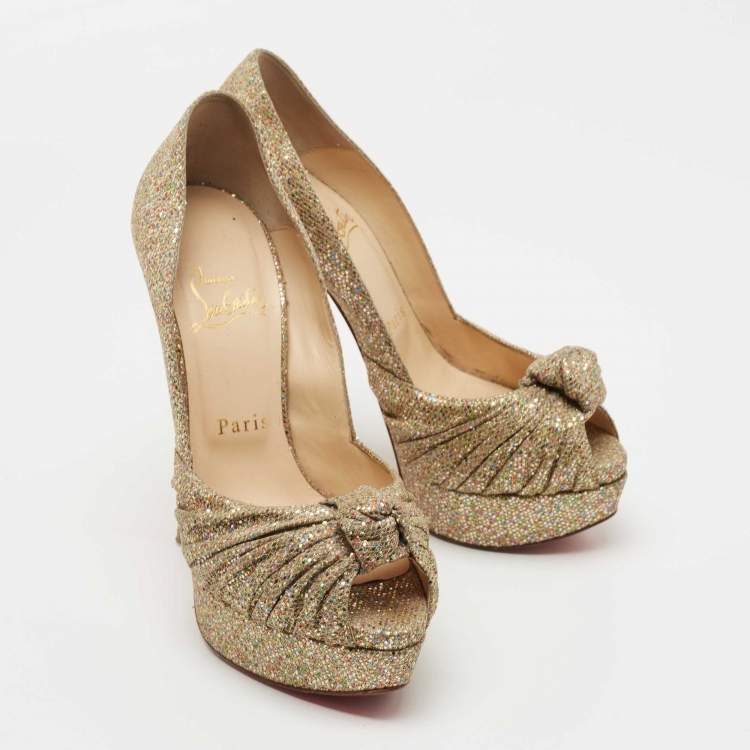 Pre Owned Christian Louboutin Gold Knotted Glitter Fabric  Jenny Platform Pumps Size 36.5