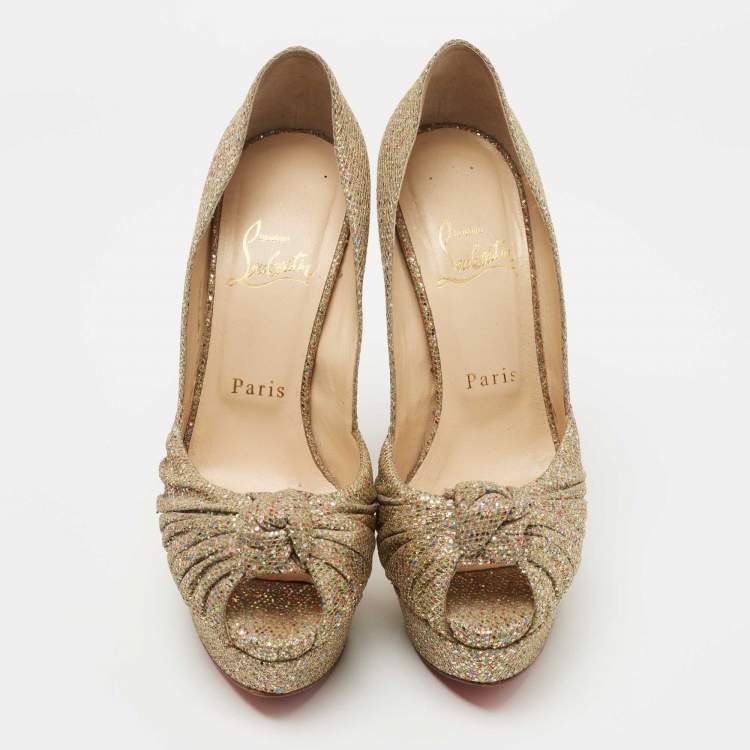Pre Owned Christian Louboutin Gold Knotted Glitter Fabric  Jenny Platform Pumps Size 36.5