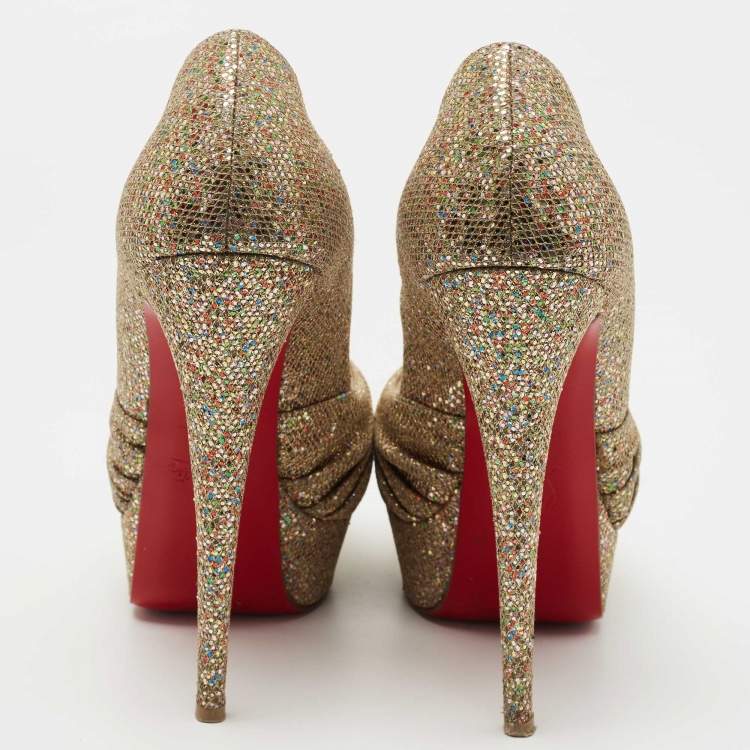 Pre Owned Christian Louboutin Gold Knotted Glitter Fabric  Jenny Platform Pumps Size 36.5