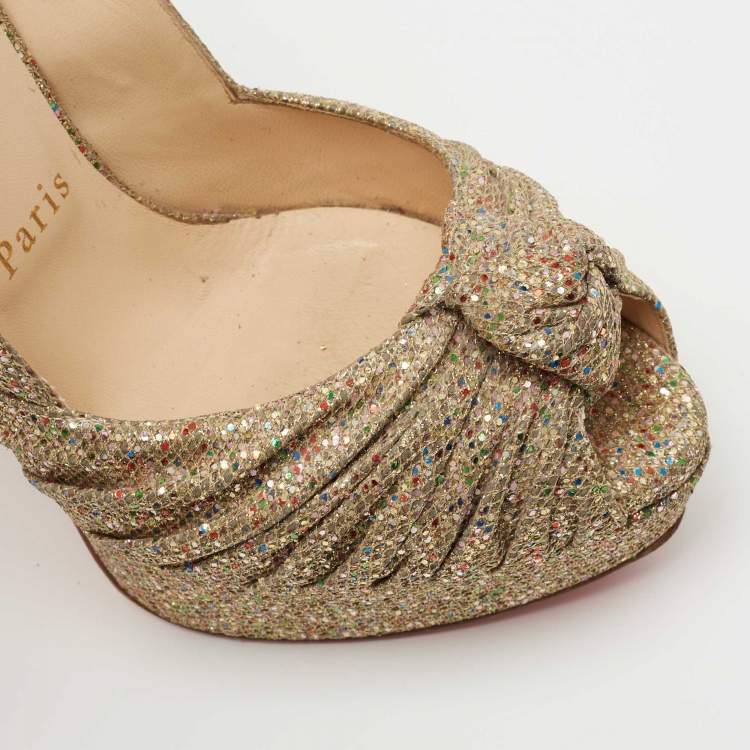 Pre Owned Christian Louboutin Gold Knotted Glitter Fabric  Jenny Platform Pumps Size 36.5