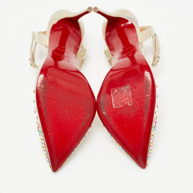 Pre Owned Christian Louboutin Metallic Iridescent Leather and PVC Spikaqueen Ankle Strap Pumps Size 38