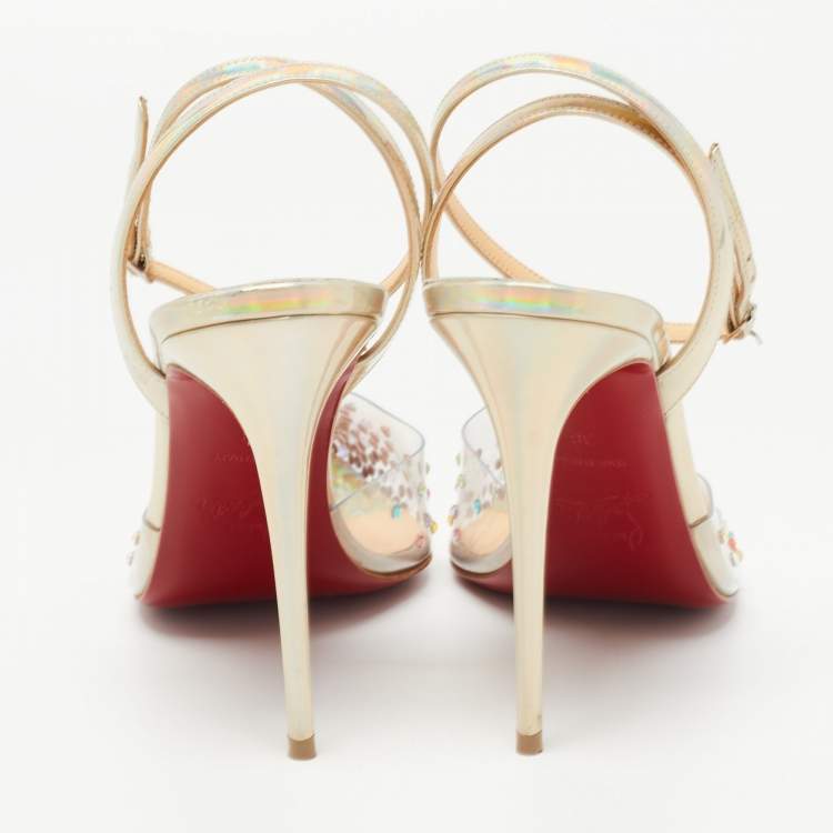 Pre Owned Christian Louboutin Metallic Iridescent Leather and PVC Spikaqueen Ankle Strap Pumps Size 38