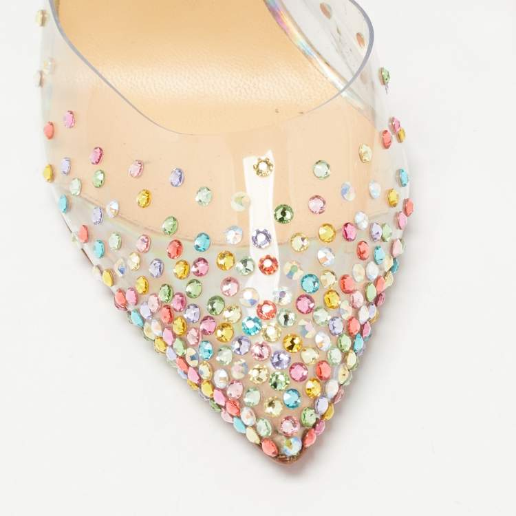 Pre Owned Christian Louboutin Metallic Iridescent Leather and PVC Spikaqueen Ankle Strap Pumps Size 38