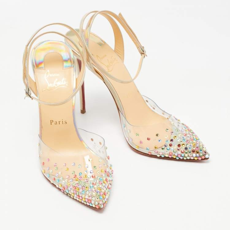 Pre Owned Christian Louboutin Metallic Iridescent Leather and PVC Spikaqueen Ankle Strap Pumps Size 38