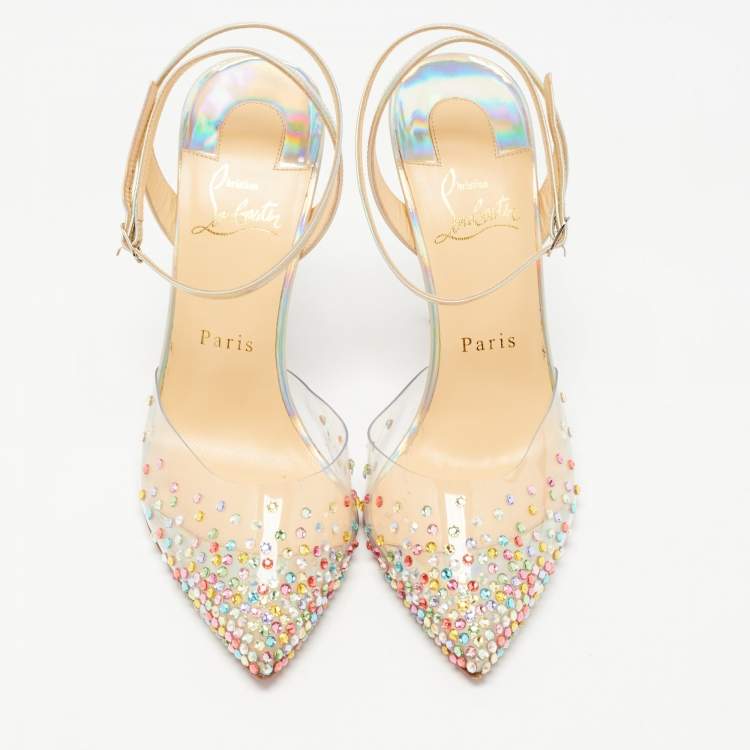 Pre Owned Christian Louboutin Metallic Iridescent Leather and PVC Spikaqueen Ankle Strap Pumps Size 38