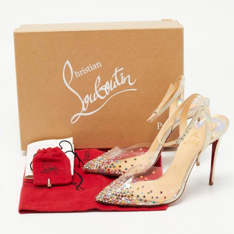 Pre Owned Christian Louboutin Metallic Iridescent Leather and PVC Spikaqueen Ankle Strap Pumps Size 38