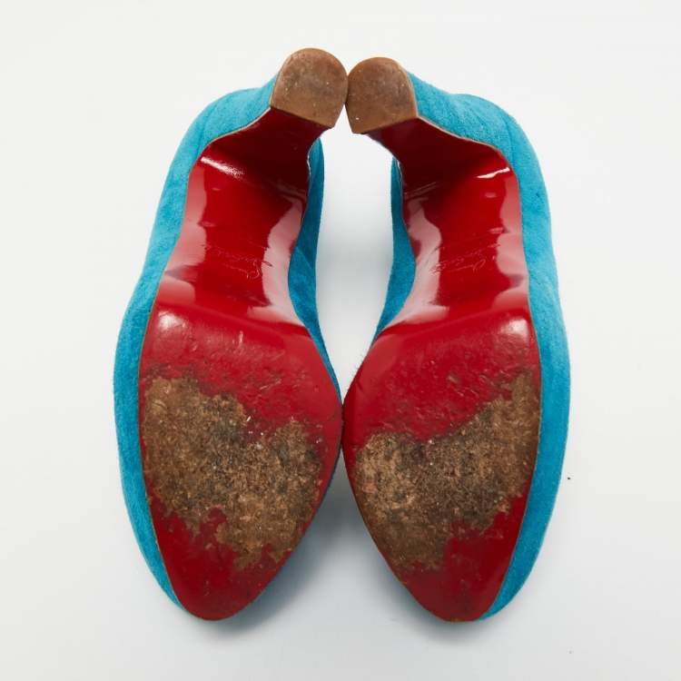 Pre Owned Christian Louboutin Blue Suede Bibi Platform Pumps Size 36