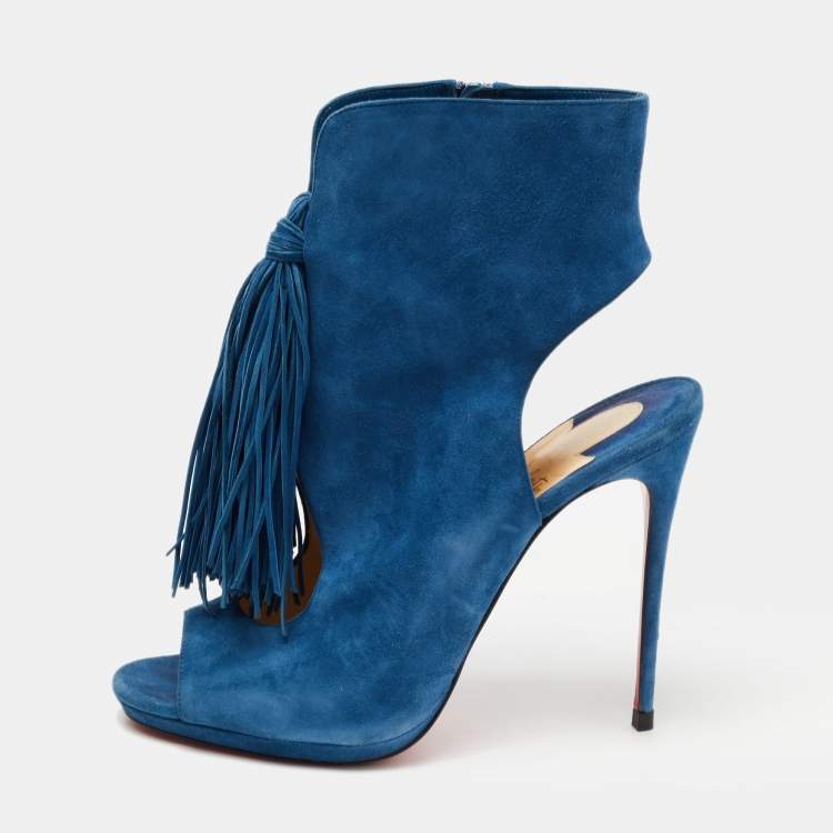 Chanel Suede Lace Up Wedge Booties 36 Dark Blue
