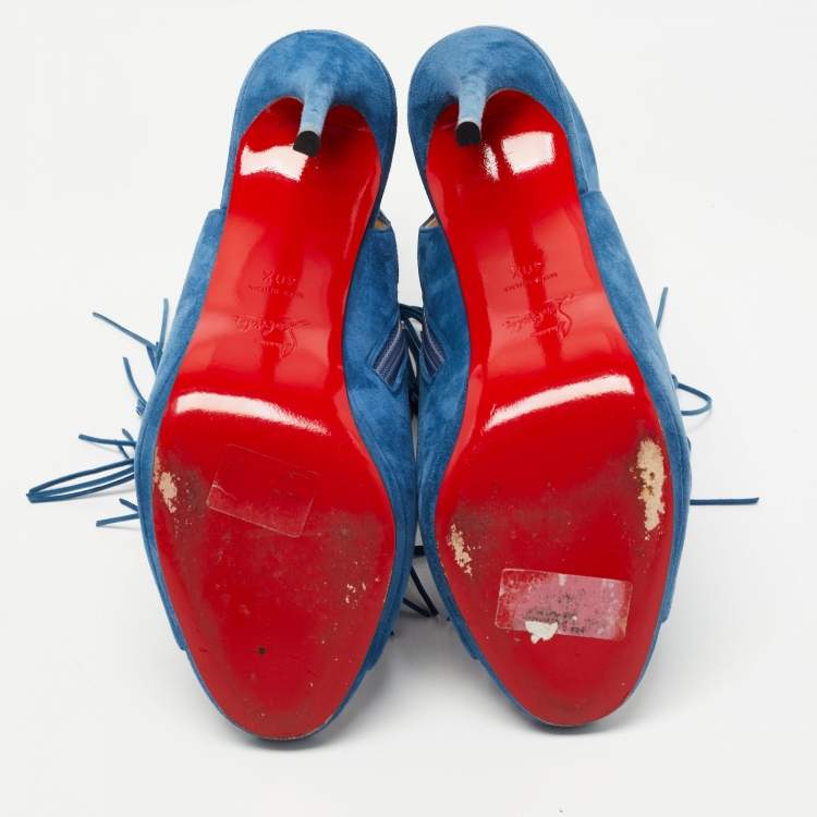 Pre Owned Christian Louboutin Blue Suede Otoka Open Toe Ankle Boots Size 40.5