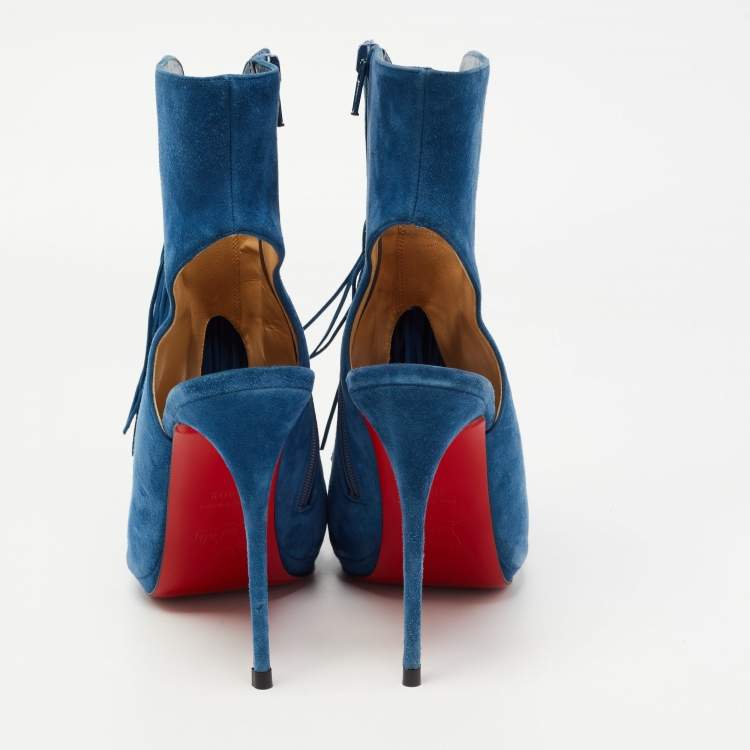 Pre Owned Christian Louboutin Blue Suede Otoka Open Toe Ankle Boots Size 40.5
