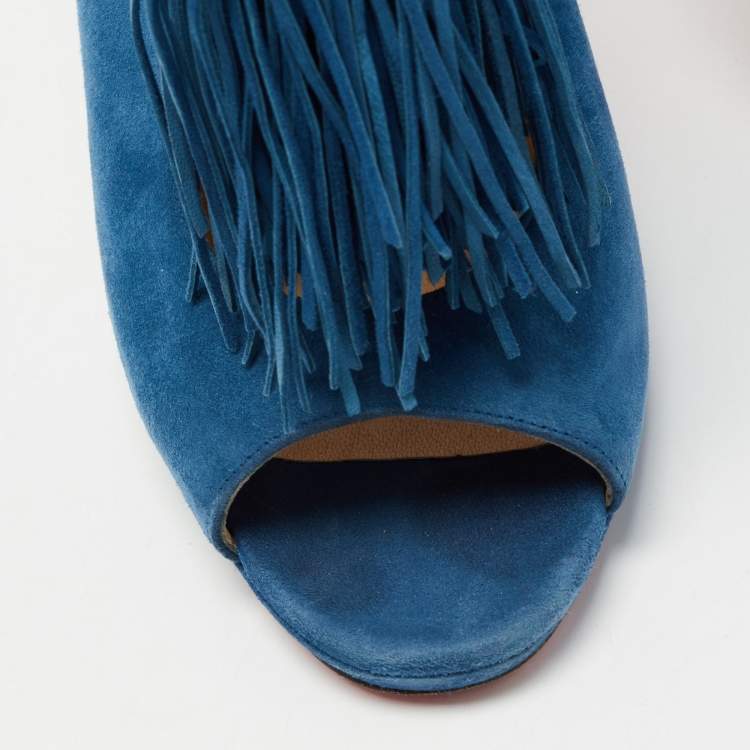 Pre Owned Christian Louboutin Blue Suede Otoka Open Toe Ankle Boots Size 40.5