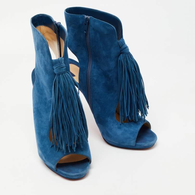 Pre Owned Christian Louboutin Blue Suede Otoka Open Toe Ankle Boots Size 40.5