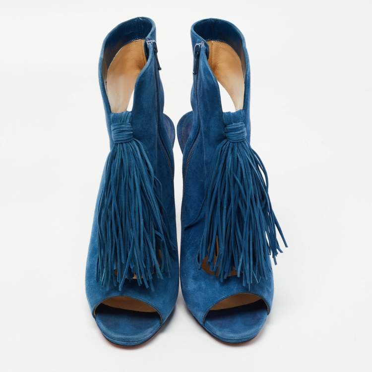 Pre Owned Christian Louboutin Blue Suede Otoka Open Toe Ankle Boots Size 40.5