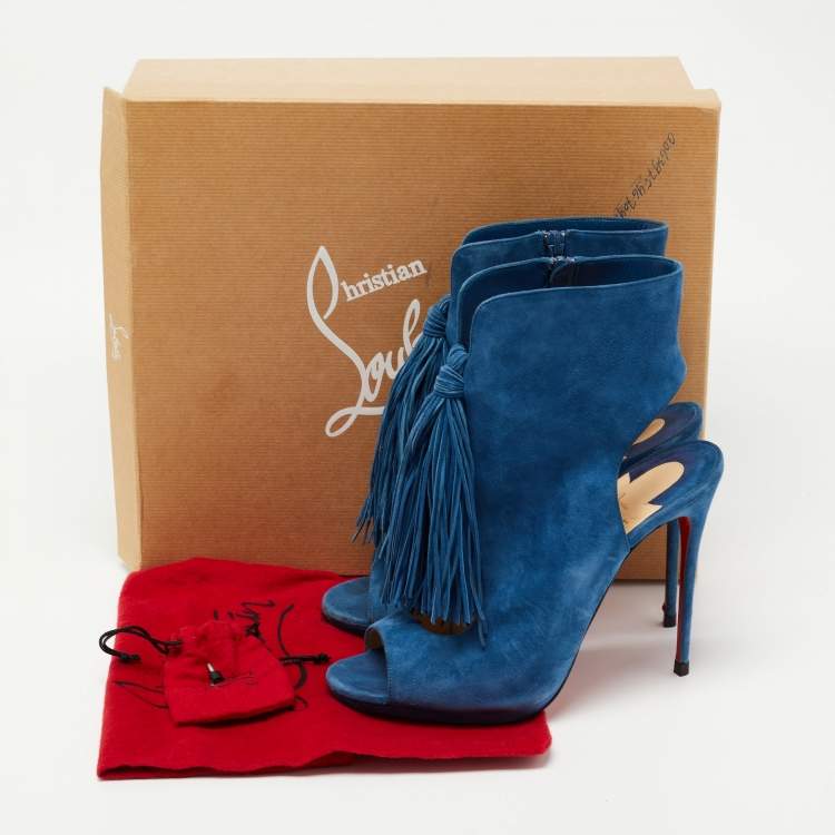 Pre Owned Christian Louboutin Blue Suede Otoka Open Toe Ankle Boots Size 40.5