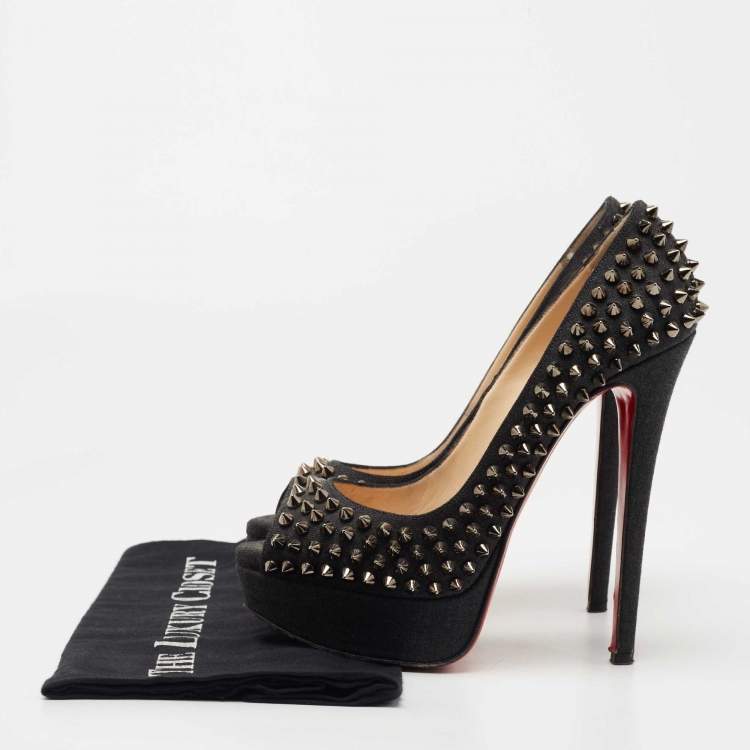 Pre Owned Christian Louboutin Dark Grey Denim Lady Peep Spikes Pumps Size 37