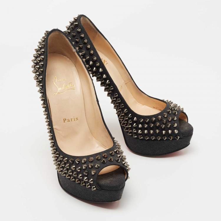 Pre Owned Christian Louboutin Dark Grey Denim Lady Peep Spikes Pumps Size 37
