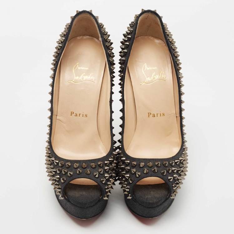 Pre Owned Christian Louboutin Dark Grey Denim Lady Peep Spikes Pumps Size 37
