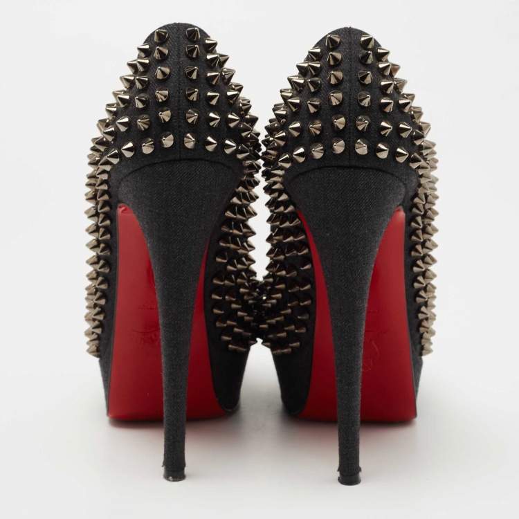 Pre Owned Christian Louboutin Dark Grey Denim Lady Peep Spikes Pumps Size 37