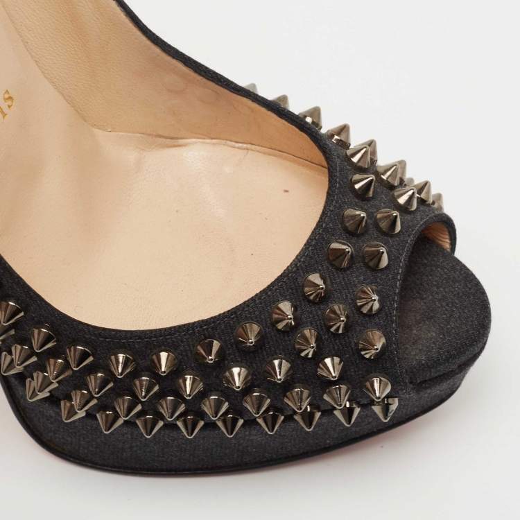 Pre Owned Christian Louboutin Dark Grey Denim Lady Peep Spikes Pumps Size 37