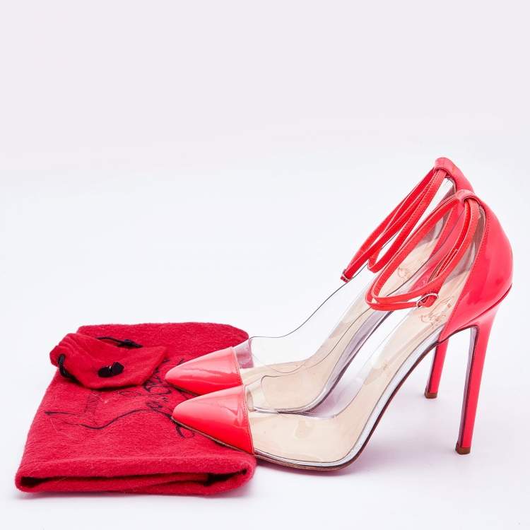 Pre Owned Christian Louboutin Neon Coral Patent Leather and PVC Bis Un Bout Ankle Length Pumps Size 38.5