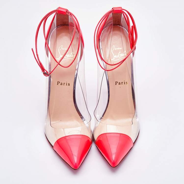 Pre Owned Christian Louboutin Neon Coral Patent Leather and PVC Bis Un Bout Ankle Length Pumps Size 38.5