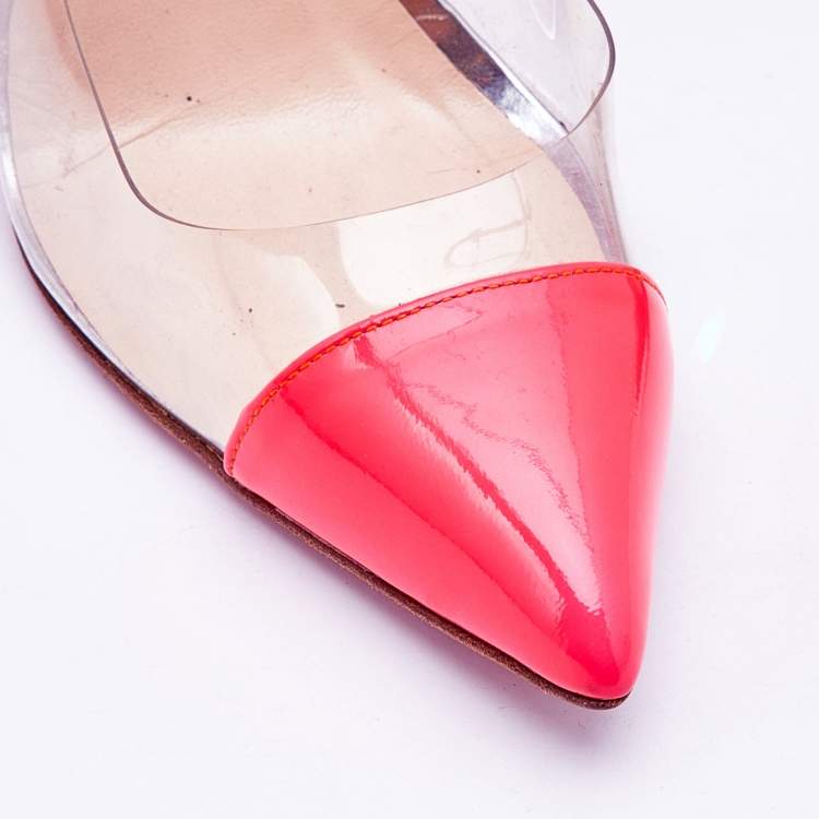 Pre Owned Christian Louboutin Neon Coral Patent Leather and PVC Bis Un Bout Ankle Length Pumps Size 38.5