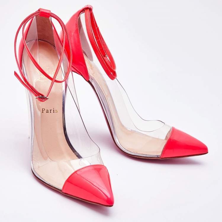Pre Owned Christian Louboutin Neon Coral Patent Leather and PVC Bis Un Bout Ankle Length Pumps Size 38.5
