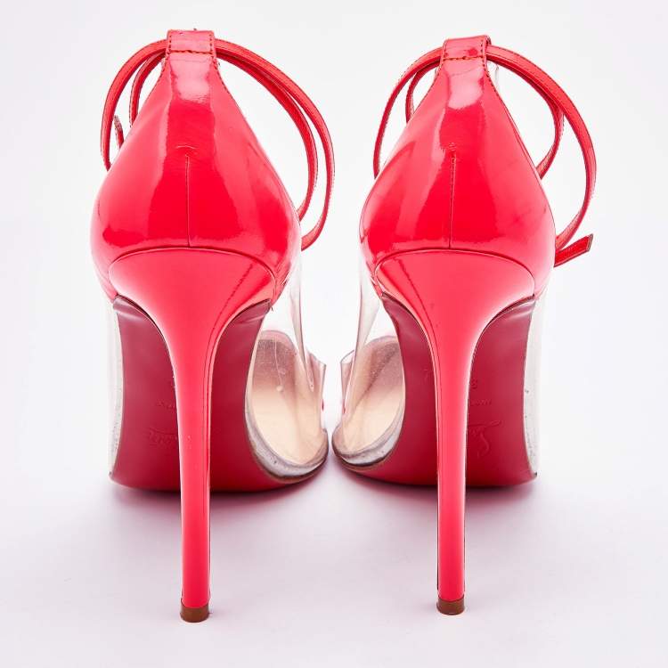 Pre Owned Christian Louboutin Neon Coral Patent Leather and PVC Bis Un Bout Ankle Length Pumps Size 38.5
