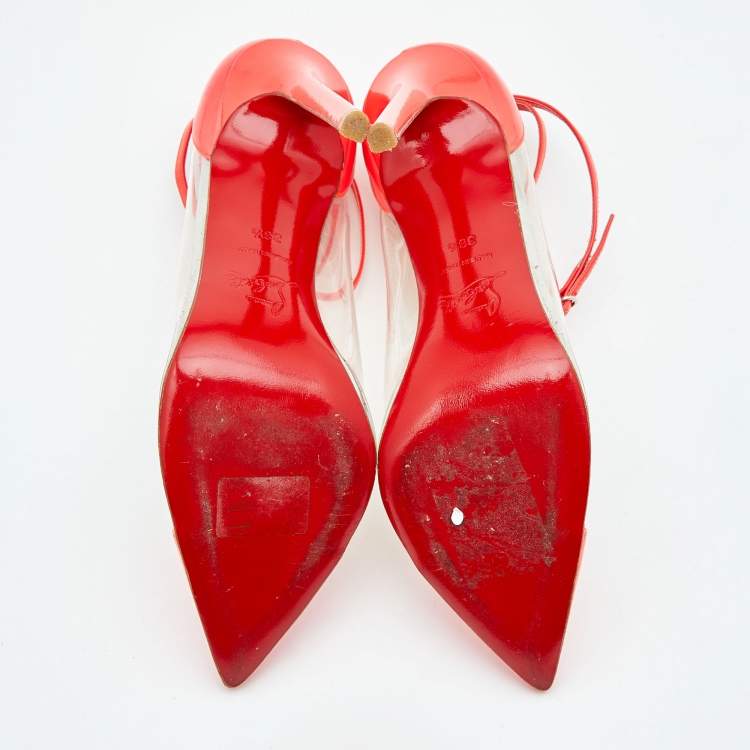Pre Owned Christian Louboutin Neon Coral Patent Leather and PVC Bis Un Bout Ankle Length Pumps Size 38.5