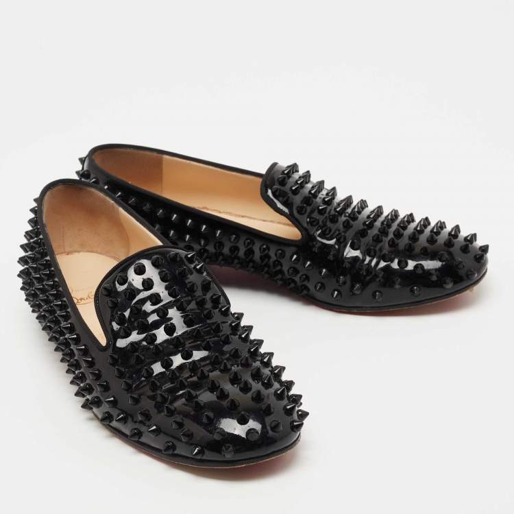 Pre Owned Christian Louboutin Black Patent Dandelion Spikes Loafers Size 39.5