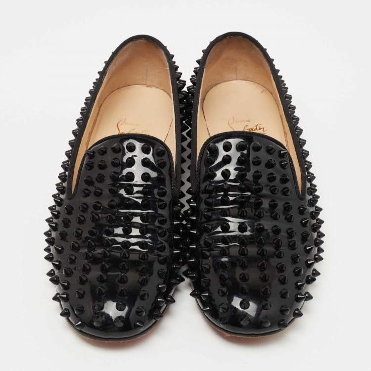 Pre Owned Christian Louboutin Black Patent Dandelion Spikes Loafers Size 39.5