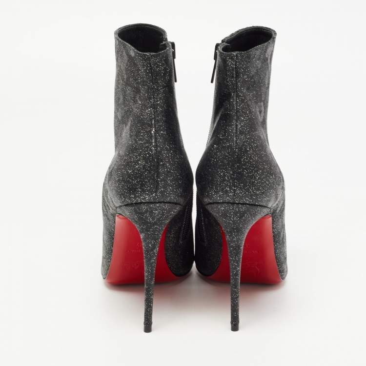 Pre Owned Christian Louboutin Black/Silver Leather and Glitter So Kate Ankle Boots Size 37
