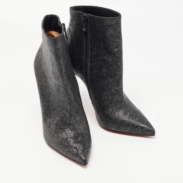 Pre Owned Christian Louboutin Black/Silver Leather and Glitter So Kate Ankle Boots Size 37