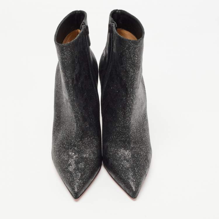 Pre Owned Christian Louboutin Black/Silver Leather and Glitter So Kate Ankle Boots Size 37