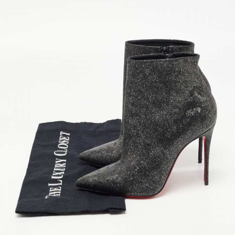 Pre Owned Christian Louboutin Black/Silver Leather and Glitter So Kate Ankle Boots Size 37