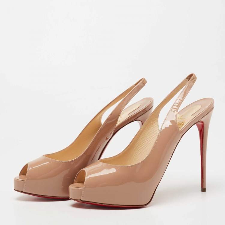 Pre Owned Christian Louboutin Beige Patent Leather Private Number Slingback Sandals Size 38.5