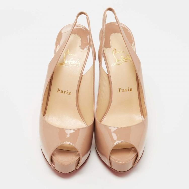 Pre Owned Christian Louboutin Beige Patent Leather Private Number Slingback Sandals Size 38.5