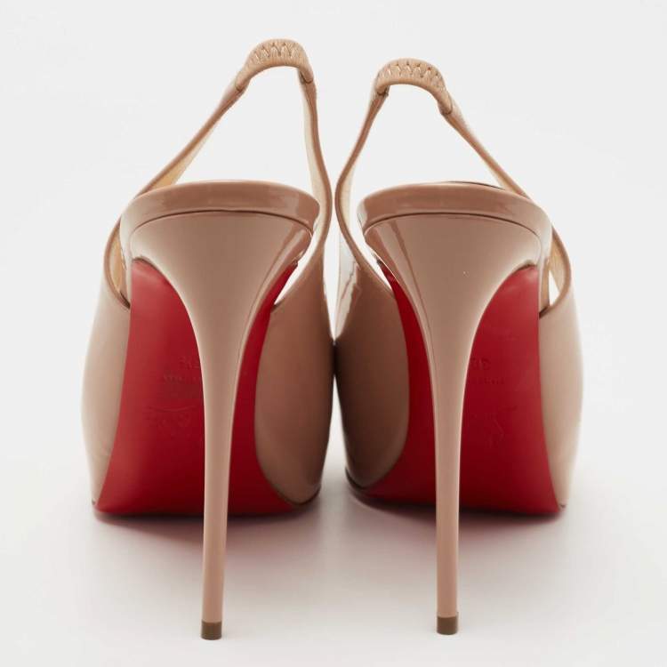 Pre Owned Christian Louboutin Beige Patent Leather Private Number Slingback Sandals Size 38.5