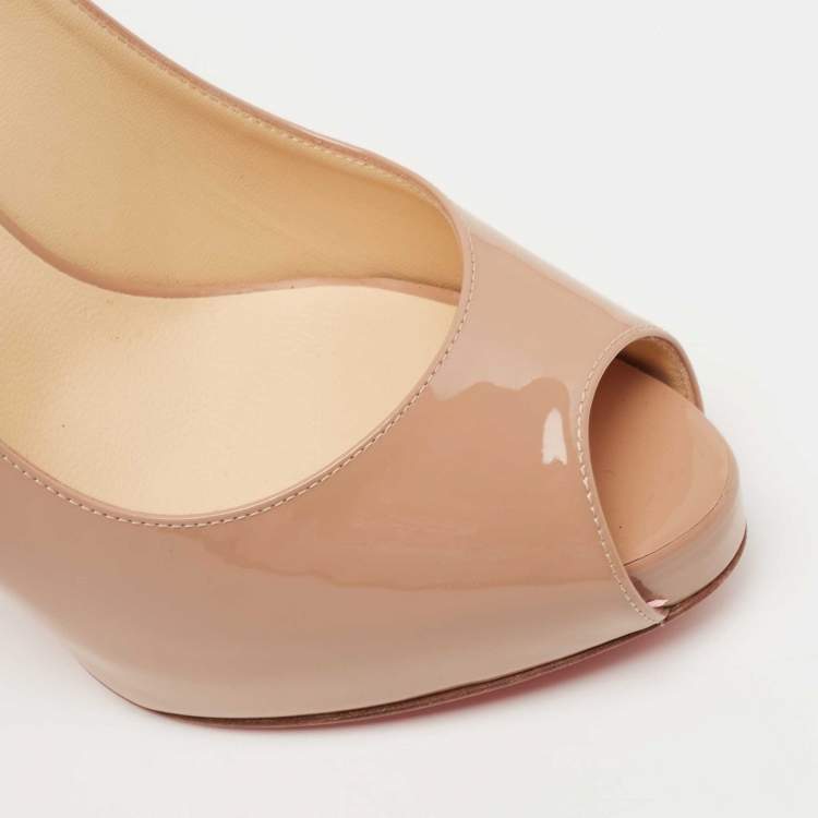 Pre Owned Christian Louboutin Beige Patent Leather Private Number Slingback Sandals Size 38.5