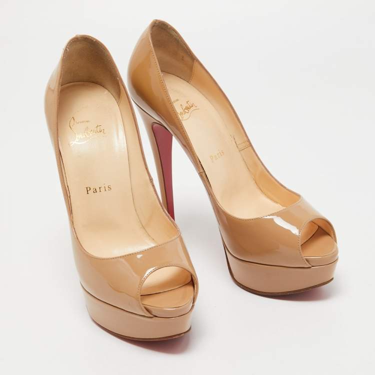 Pre Owned Christian Louboutin Beige Patent Leather Lady Peep Platform Pumps Size 38.5