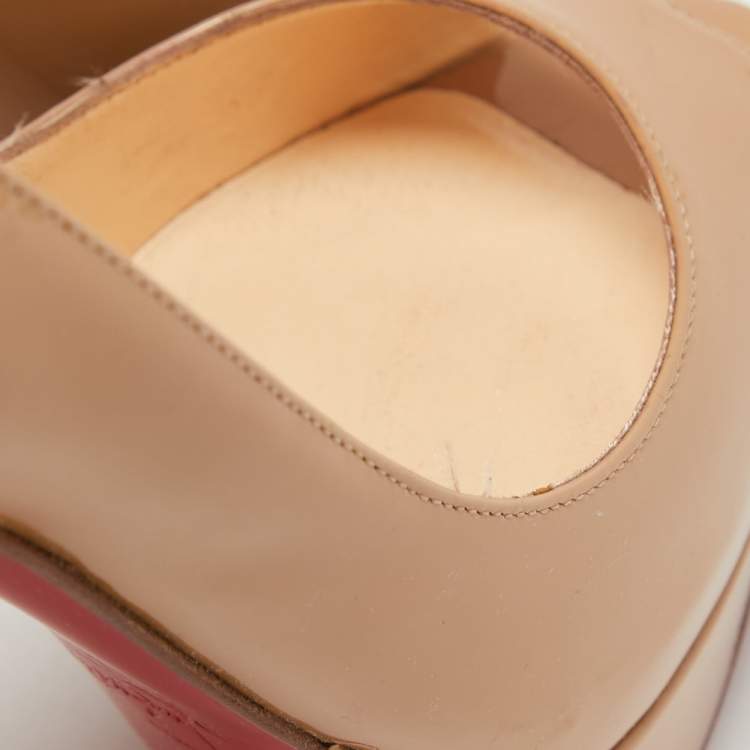 Pre Owned Christian Louboutin Beige Patent Leather Lady Peep Platform Pumps Size 38.5