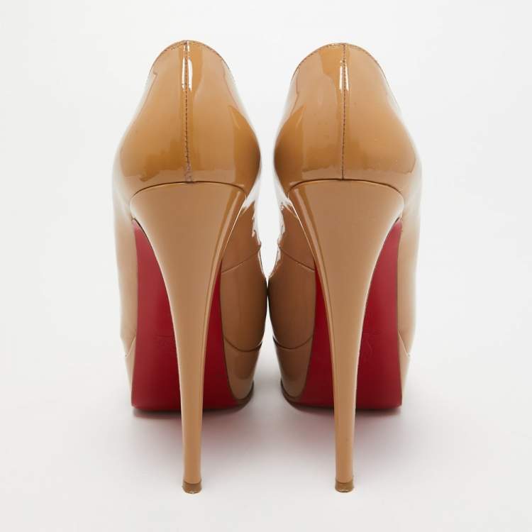 Pre Owned Christian Louboutin Beige Patent Leather Lady Peep Platform Pumps Size 38.5