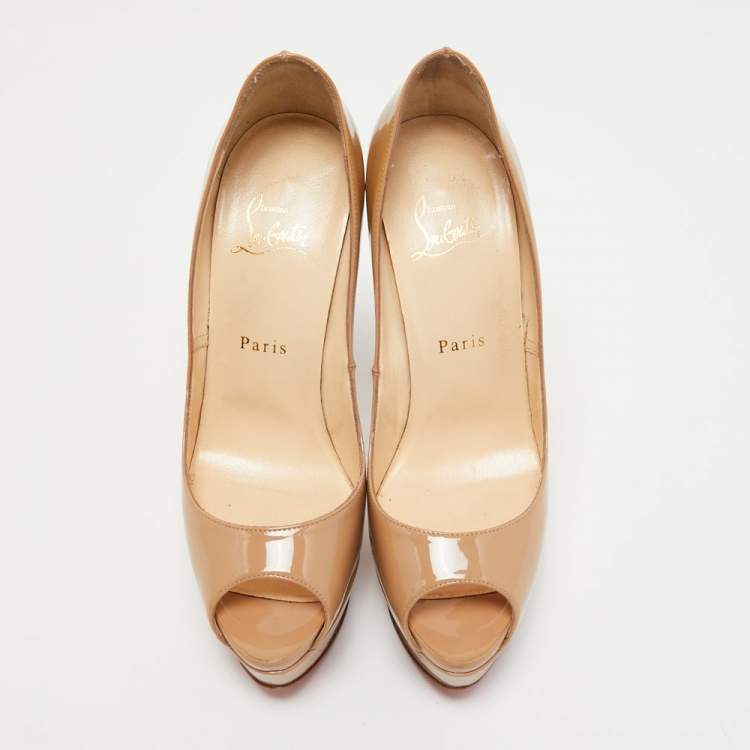 Pre Owned Christian Louboutin Beige Patent Leather Lady Peep Platform Pumps Size 38.5