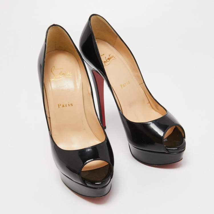 Pre Owned Christian Louboutin Black Patent Leather Lady Peep Platform Pumps Size 37