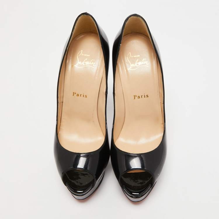 Pre Owned Christian Louboutin Black Patent Leather Lady Peep Platform Pumps Size 37