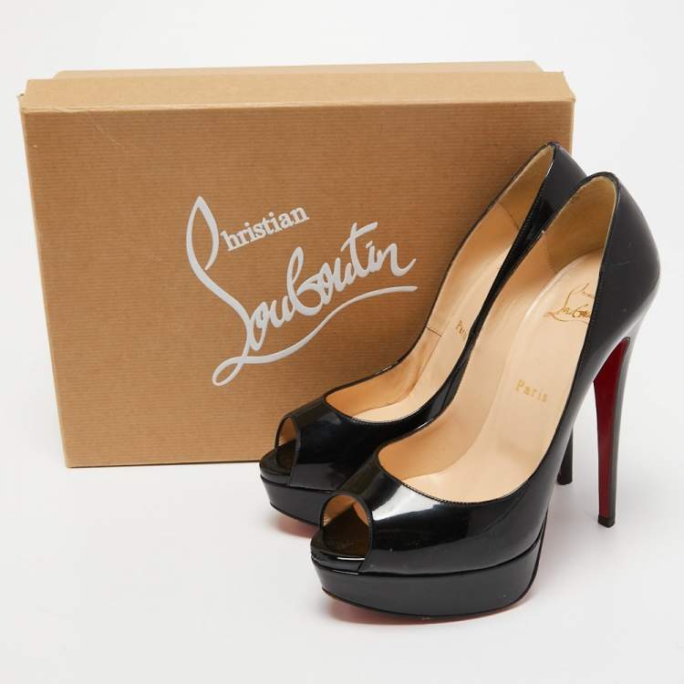 Pre Owned Christian Louboutin Black Patent Leather Lady Peep Platform Pumps Size 37
